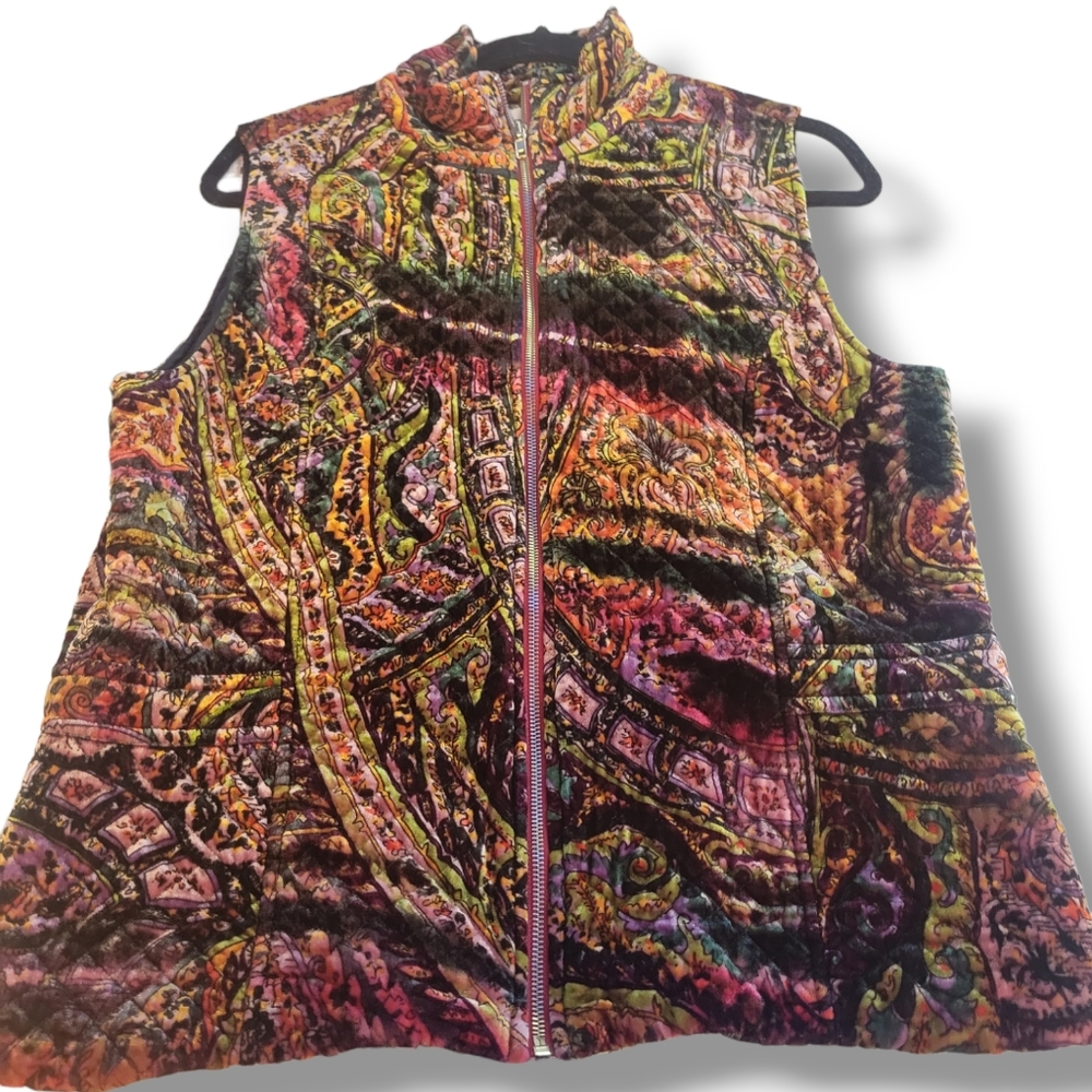 Chico's Size 2 Colorful Silk Velvet Paisley Art-to-Wear Zip Front Quilted Vest